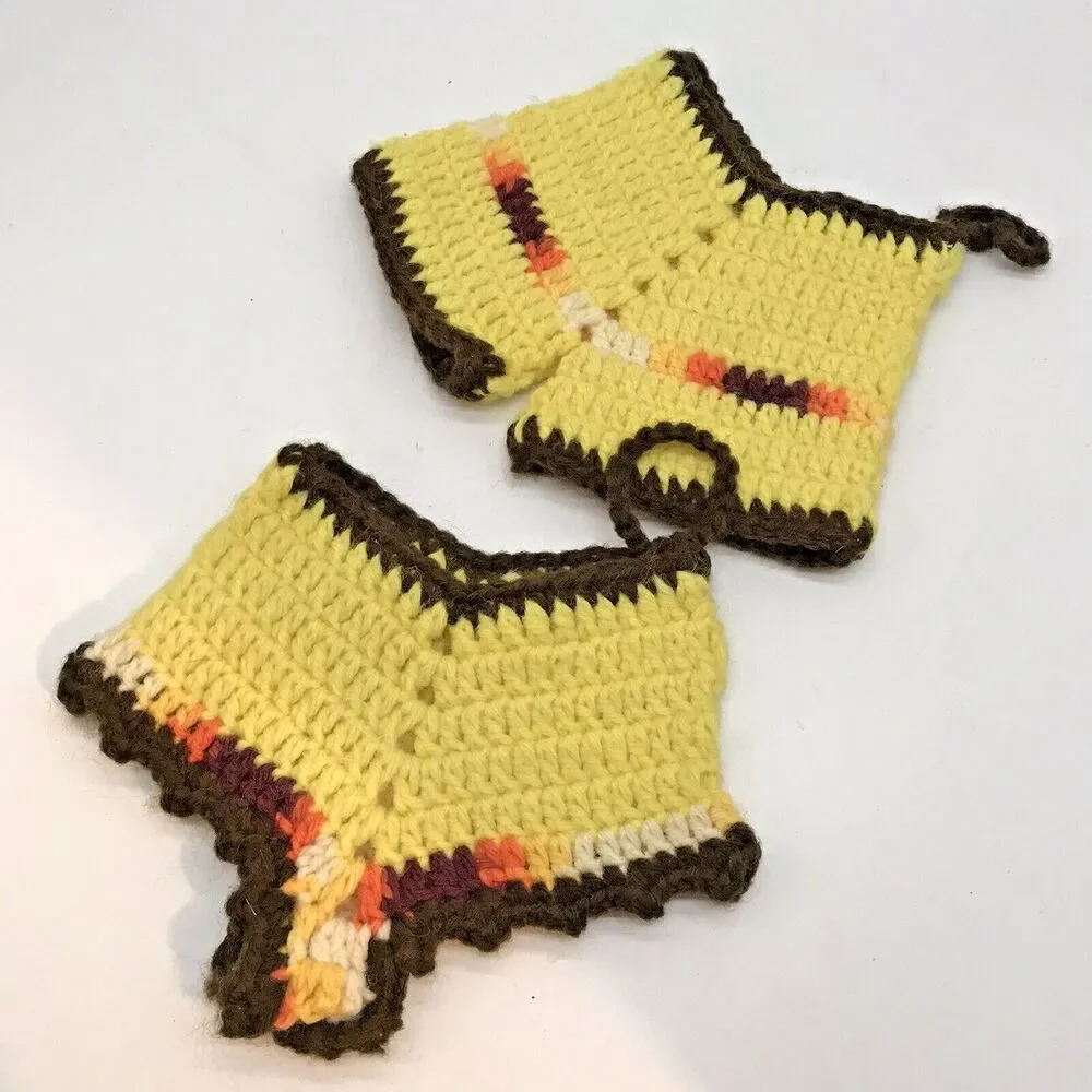 2 Vintage Hand Crocheted His & Hers Pants Potholders Yellow & Brown Hand Crafted